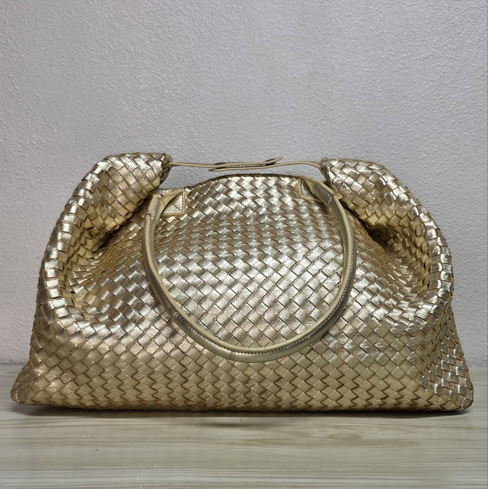 Cochni Italian Leather Goldtone XL Weave Tote Shoulder Bag - Picture 2 of 13